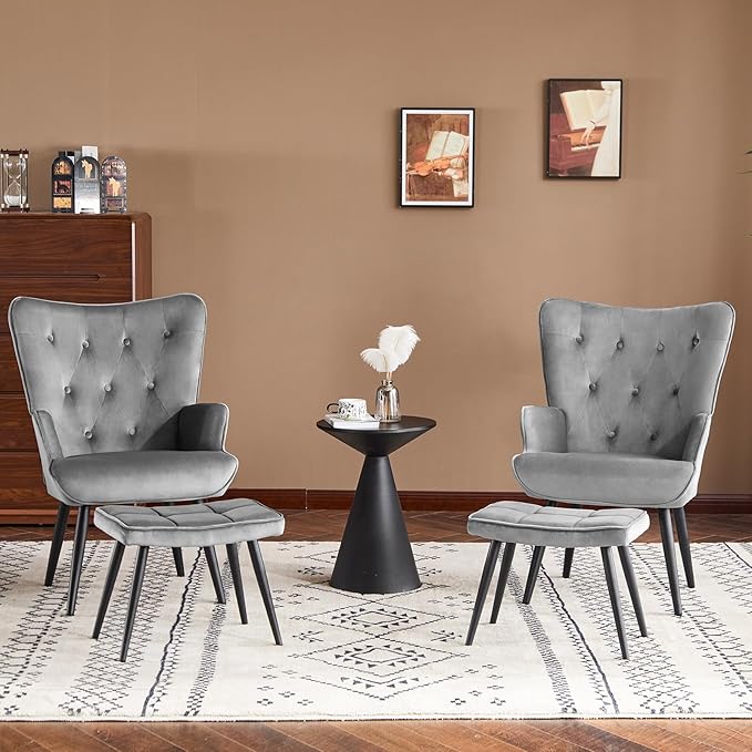 Furniliving Velvet Accent Chair with Ottoman, Upholstered Reading Chair with High Backrest, Tufted-Button Wingback Armchair for Bedroom, Dressing Room, Home Office, Grey