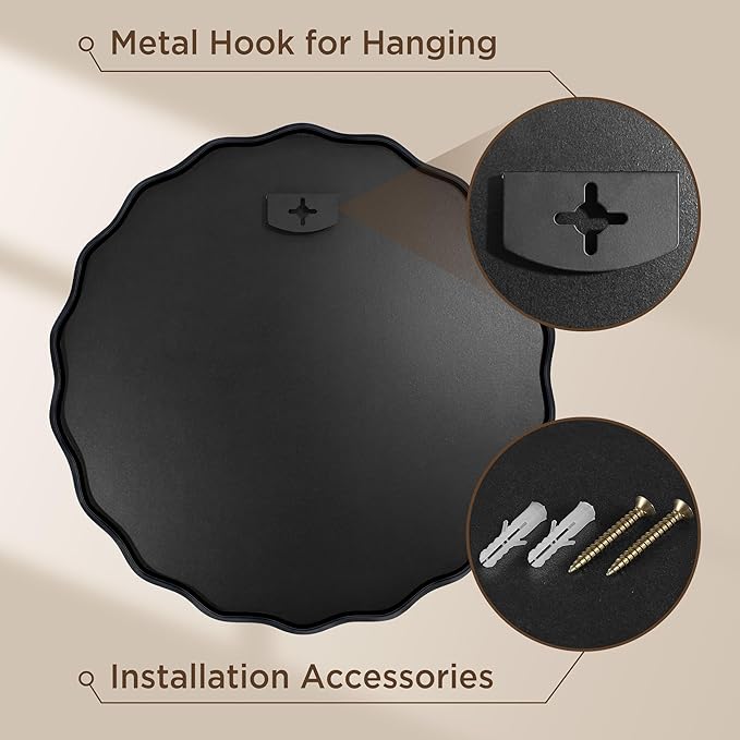 Black Round Mirror for Wall, 24"x24" Decorative Wavy Bathroom Mirror with Brushed Alloy Steel Frame & Shatter-Proof Glass, Hanging Circle Wall Mirrors for Bathroom, Entryway, Bedroom