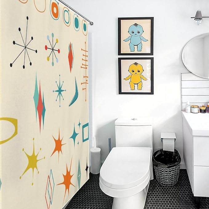 Mid Century Modern Shower Curtain,Vintage Iconic Atomic Modern Retro Space Abstract Geometric Fabric Bathroom Decor Curtains with Hooks 66x72in（168x183cm）