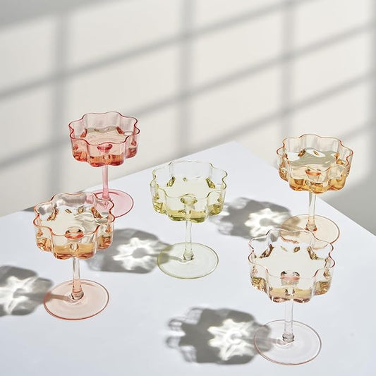 Summer Flower Scalloped Vintage Wavy Petals Wave Glass Coupes 7oz Colorful Martini, Champagne & Cocktails, 5 Set Colored Rippled Champagne Glasses, Elegant Bar Glassware, Aesthetic Coupe Glassware