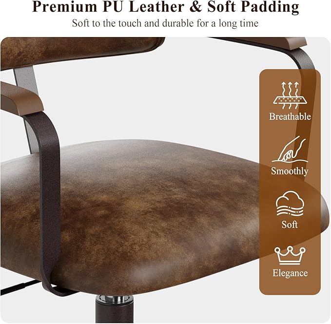 Mid-Century Modern Desk Chair with Walnut Bentwood Design,Retro Home Office Chair with Adjustable Height,360°Swivel,Smooth Rolling Casters,Small Computer Chair PU Leather (Brown)