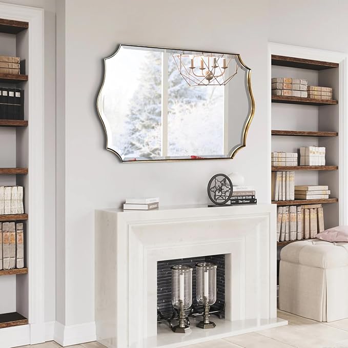 POZINO Brushed Modern Bathroom Mirror, 24"x36" Gold Scalloped Beveled Mirror for Wall, Brass Rectangle Wavy Vanity Mirrors, Irregular Shaped Mirror for Living Room Bedroom Fireplace Entryway