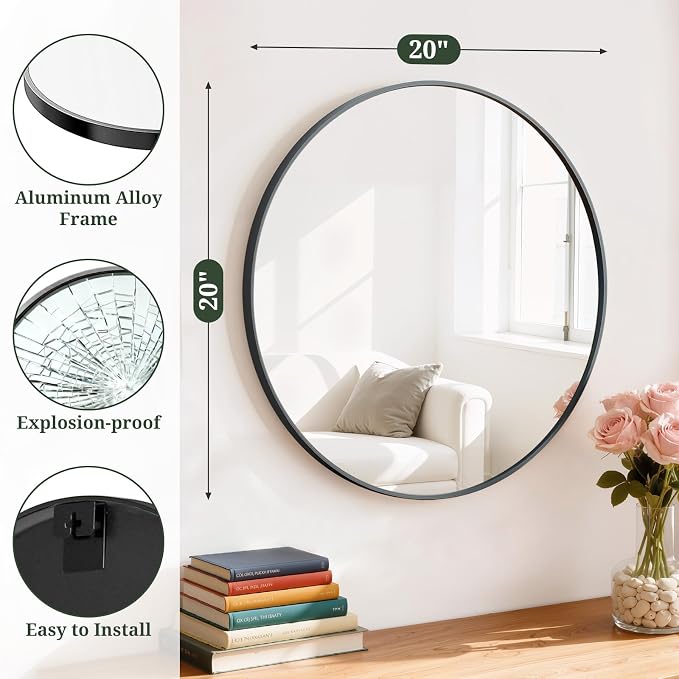 Round Wall Mirror 20 Inch Black Vanity Mirror with Metal Frame, Modern Circle for Bathroom, Entryway, Bedroom, Living Room, Wall Mounted Decorative Mirrors