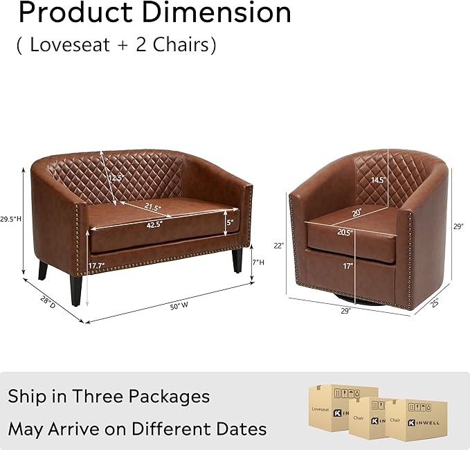 KINWELL 50" Faux Leather Loveseat Sofa with 2 Swivel Barrel Chairs, Brown | for Small Spaces
