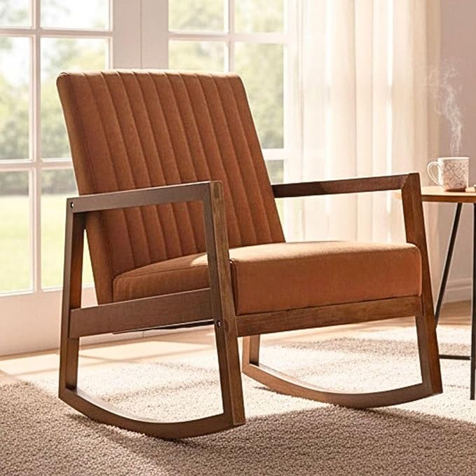 VESCASA Brown Faux Leather Rocking Chair with Channel-Tufted Back, Mid-Century Modern Comfy Rocker with Walnut Wood Frame for Nursery Living Room Bedroom Indoor, Burnt Orange Upholstered Chair