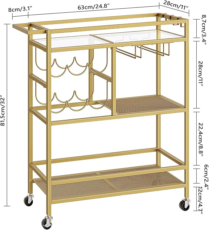 MAHANCRIS Bar Cart for Home, 3-Tier Serving Cart with Wheels and Handle, Beverage Cart with Wine Rack and Glass Holders, Rolling Wine Cart for Kitchen, Dining Room, Gold RCJ61B01