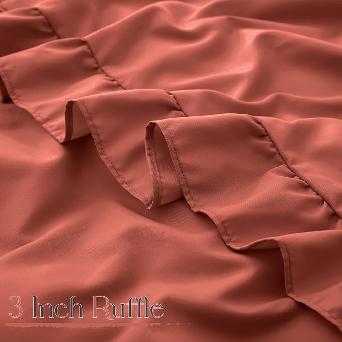 Horbaunal Terracotta Ruffle Sheets Twin Size 4 Piece, Fits 16" Deep Mattress, Microfiber Rust Twin Sheets with 1 Ruffled Pillowcases, Shabby Chic Bed Sheet Set