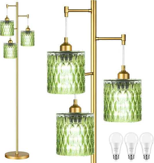 Gold Floor Lamp for Living Room Bedroom,3 Lights Vintage Tree Floor Lamps with Green Glass Shades,Mid Century Modern Floor Lamp for Corner Office,68IN Unique Tall Standing Lamp with Bulbs