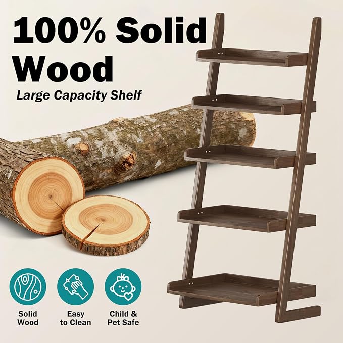 Walnut Wooden Ladder Shelf with Edges - 5 Tier Leaning Ladder Bookshelf Shelf Bookcase for Saving Space, Solid Wood Book Shelf for Living Room, Bedroom, Home Office, 23.6" Dx15.7 Wx55.1 H