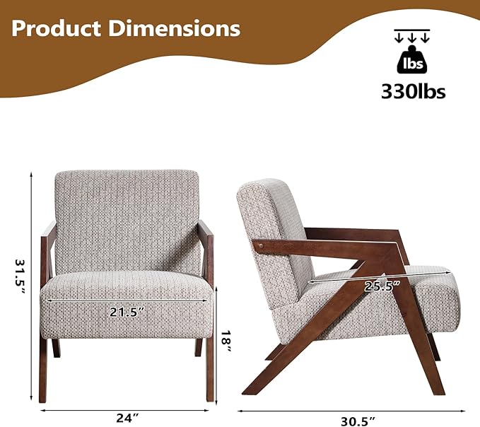 Bonzy Home Mid-Century Modern Accent Chair with Solid Wood Frame, Upholstered Armchair for Bedroom & Living Room,Reading Side Chair with Soft Lien Fabric Cushion,Easy Assembly