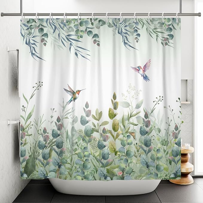 Green Leaf Shower Curtain Colourful Bird Eucalyptus Bathroom Curtain Plant Leaves Botanical Hummingbird Spring Summer Shower Curtain Sets for Bathroom Extra Long 69x70 in with 12 Hooks