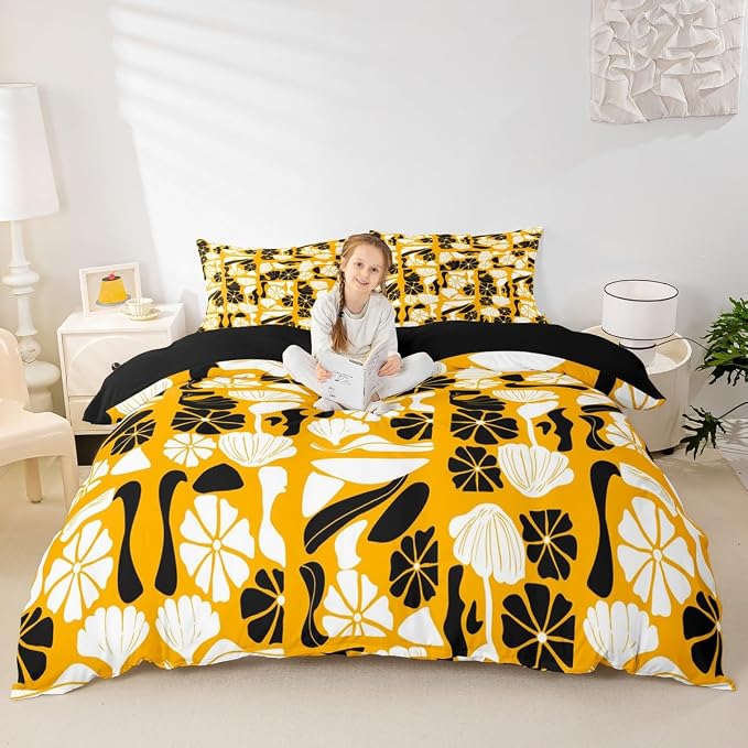 Boho Abstract Floral Duvet Cover King Vintage Patchwork Black White Plant Bedding Set Mid Century Retro Abstract Geometric Comforter Cover For Kids Adults,Botanical Flowers Modern Aesthetic Bed Set