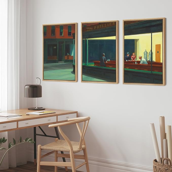 wall26 Framed Canvas Print Wall Art Set Nighthawks by Edward Hopper Cultural Historic Oil Painting Fine Art Reproduction Scenic Colorful for Living Room, Bedroom, Office - 16"x24"x3 Natural