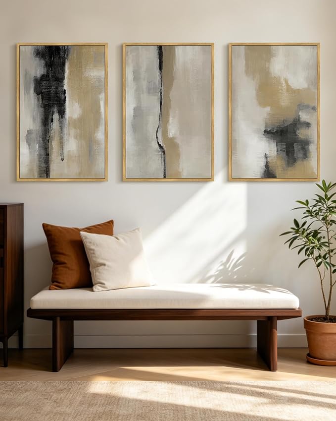 KUVIOKE Black Gray Abstract Framed Wall Art Neutral Wall Decor Minimalist Modern Illustrations Art Print for Living Room Bedroom 16x24in (Natural Framed)