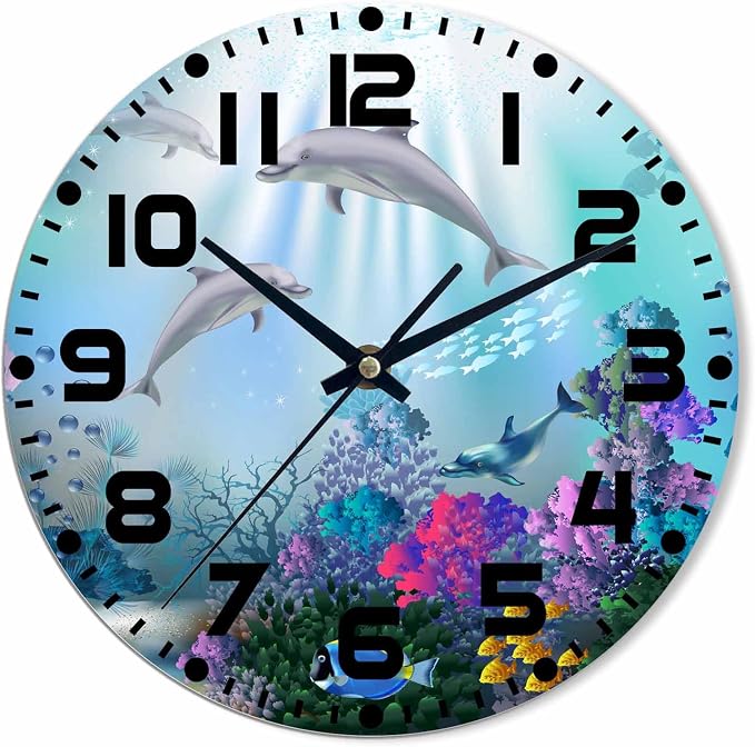 Underwater World Wall Clock 10 inch Round Silent Non Ticking Wood Wall Clocks Battery Operated Easy to Read Decorative Wall Clock for Bedroom Kitchen Living Room Bathroom