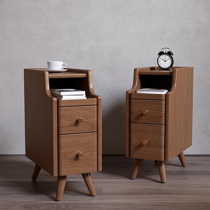 AQIMUELE Narrow Nightstand with Drawers, Wood Bedside Table, Small Walnut Nightstand Set of 2