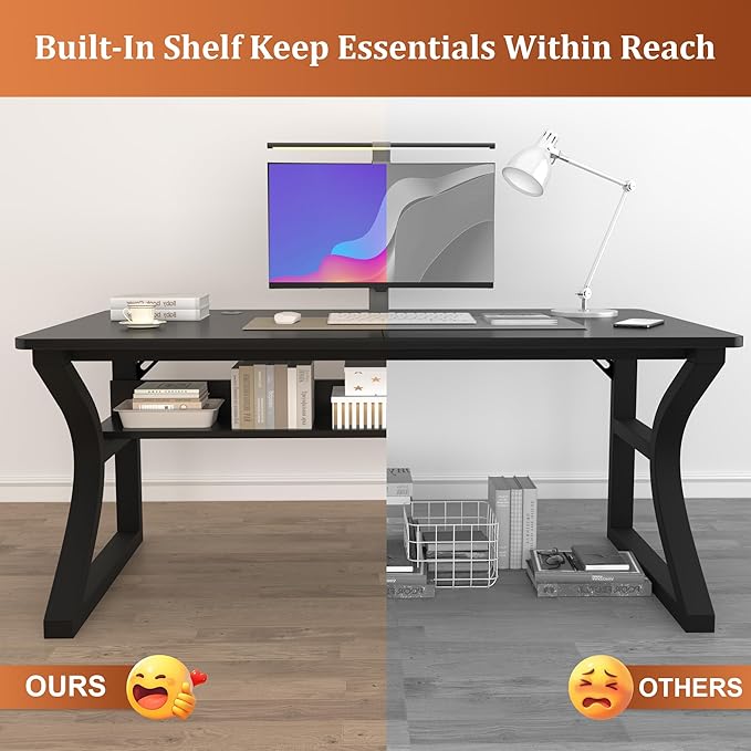 AZN Computer Desk, 55x24 in Computer Desk, Office Desk w/Storage & U-Size Metal Frame for Home Office Bedroom Gaming, Office Desk w/Water-Resistant, Scratchproof Surface, Black