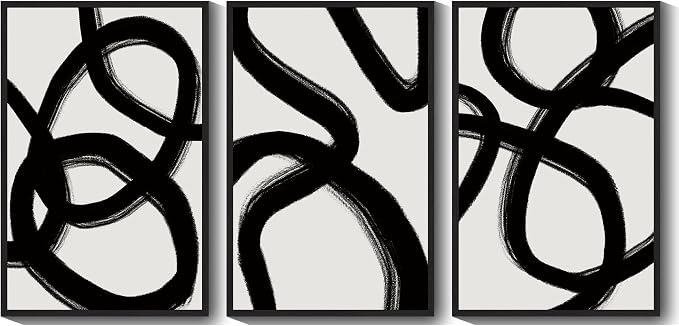 KUVIOKE Black and White Abstract Framed Wall Art Ink Wash Minimalist Lines Painting Artwork for Bedroom Hallway 24x36in (Black Framed)