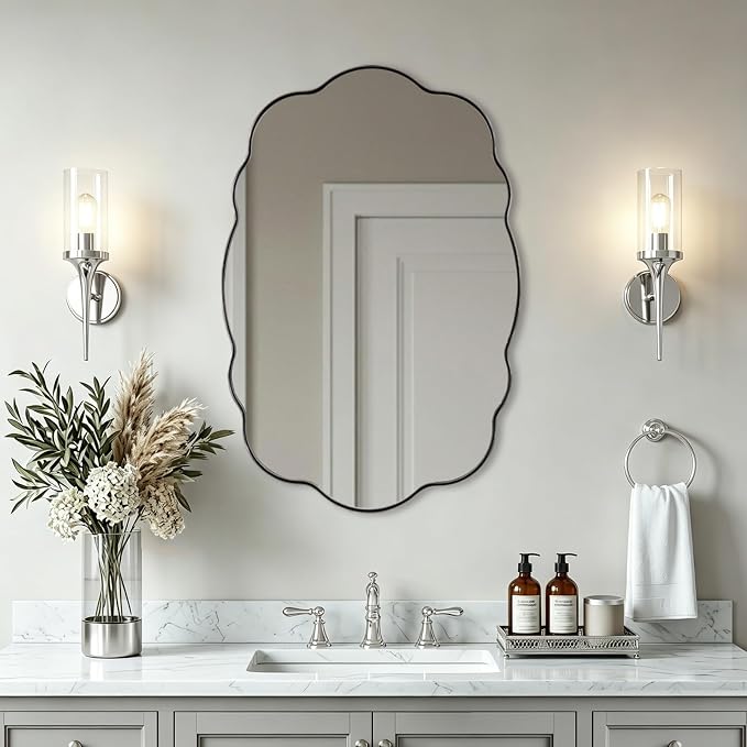 ANDY STAR Chrome Wavy Scalloped Mirror - 22x30 Inch Modern Oval Bathroom Mirror, Unique Irregular Wall Mirror with Heavy Duty SUS Metal Frame