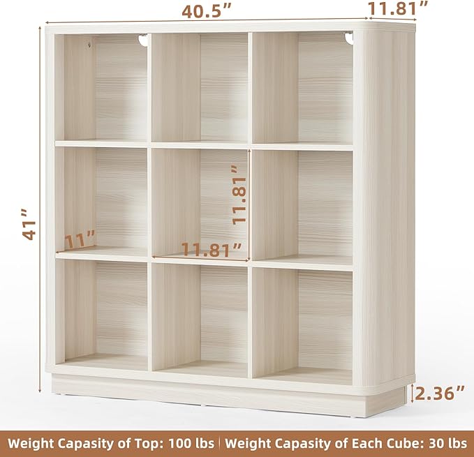 9 Cube Storage Book Shelf, 41" Tall Organizer Bookcase with Curved Edge, Wood Floor Standing 3-Tier Cubby Bookshelf with Base, Vintage Display Book Case for Bedroom,Office,Grey-White Cream Oak
