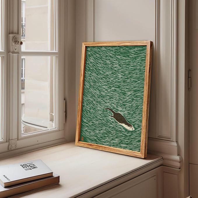 Framed Japanese Otter Swimming Poster Funny Nature Wild Animal Pictures Retro Minimal Green Water Canvas Wall Art for Living Room Bedroom Bathroom 16x24 inch