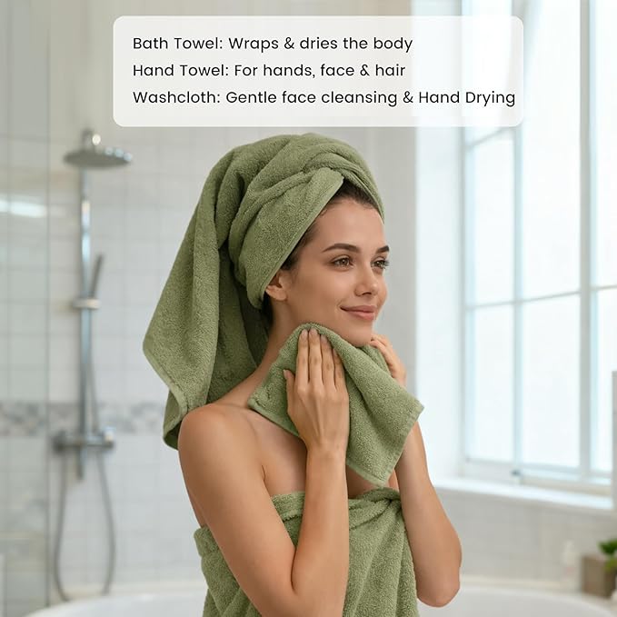 SEMAXE Sage Green Bath Towel Set, 100% Cotton Bathroom Towels with Hanging Loops, Soft & Absorbent, 8 Piece Towel Set Include 2 Bath Towels, 2 Hand Towels, 4 Washcloths