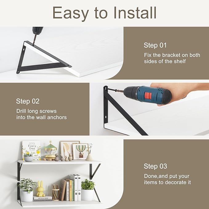 Fun Memories 27.5" W x10 D Floating Shelves, White Wall Shelf with Brackets, 10 Inch Deep Floating Shelf Set of 2, Large Storage Kitchen Living Room Bathroom Shelves, Wood Wall Mounted Shelf