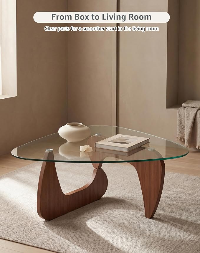 43.3" Triangle Coffee Table with Clear Glass Top and MDF Wood Base, Walnut Glass Coffee Table for Living Room, Mid Century Modern Center Table for Apartment, Sofa, Lounge, Reception
