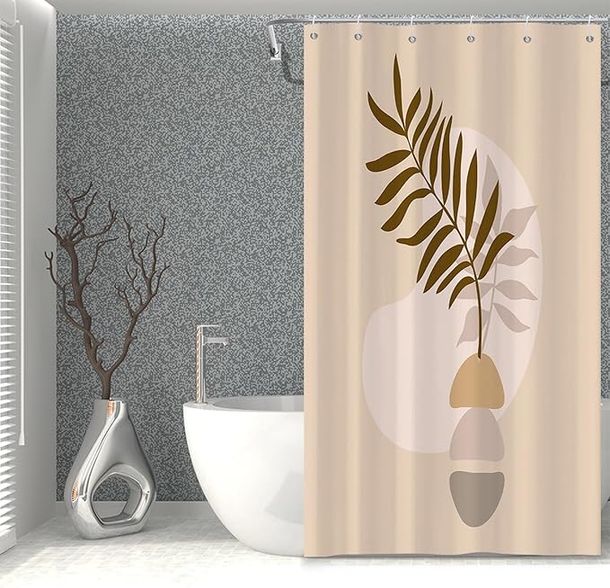 Abstract Bohemian Bathroom Shower Curtain - Eucalyptus Leaves Boho Beige With Hooks, Waterproof Fabric Polyester for Modern Aesthetics Home Decorative, 36x72 Inch