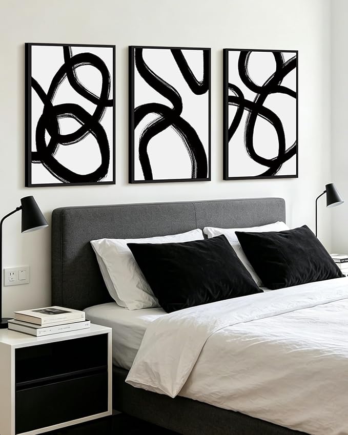KUVIOKE Black and Gray Abstract Framed Wall Art Ink Wash Minimalist Lines Painting Artwork for Bedroom Hallway 24x36in (Black Framed)