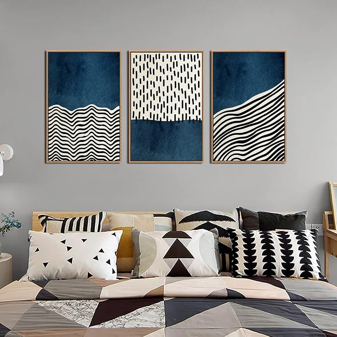 Framed Wall Art Canvas Set Mid Century Boho Picture Modern Abstract Geometric Lines Wall Decor Minimalist Black Indigo Canvas Painting Artwork Living Room Bedroom Home Office 16"x24"x3 Natural