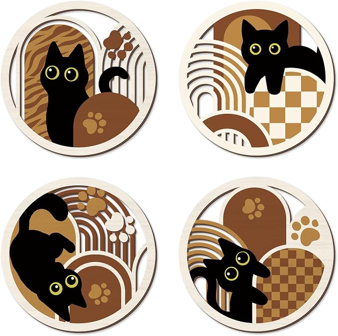 TOARTi 4PCS Boho Black Cat Wall Art Set, Minimalist Geometric Wooden Wall Decor,Abstract Bohemian Black Cats Hanging Sign, Farmhouse Cute Kitty Artwork for Bedroom Living Room Nursery Cat Lovers Gifts