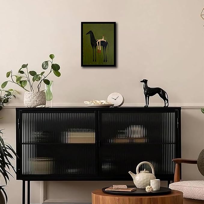 Abstract Horse Wall Art with Wooden Frame, Vintage Surreal Horse and Figure Painting, Olive Green Textured Minimalist Artwork, Retro Modern Framed Wall Decor Print 8x10 Inch