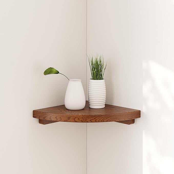 Floating Corner Shelves Walnut 8", Solid Oak Wall Mounted Wooden Display Storage Rack with Wire Hole for Plants, Photos, Speakers, Bedroom, Kitchen, Living Room Décor - 1-Pack