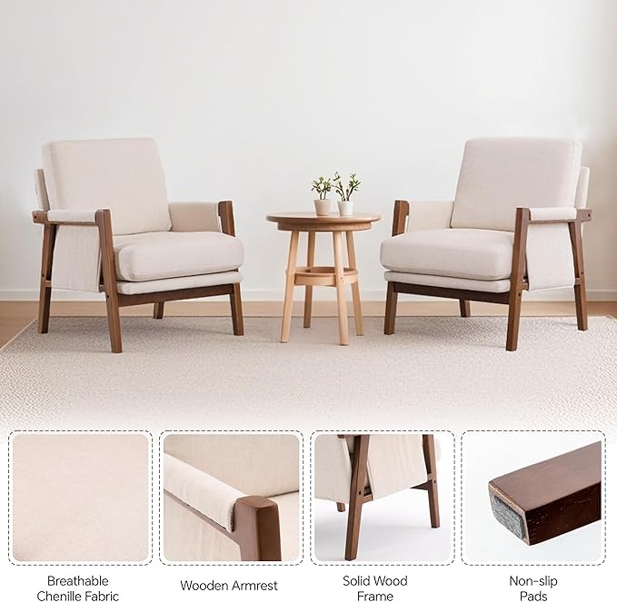 Mid Century Modern Accent Chairs Set of 2 with Solid Wood Frame, Upholstered Living Room Chairs with Wide Armrest, Chenille Fabric Comfy Arm Chair for Bedroom, Reading Room, Balcony, Beige