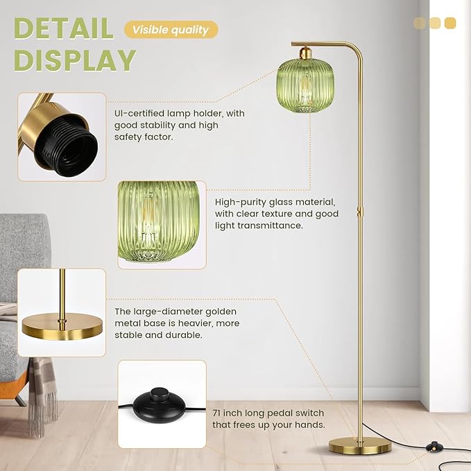 Dimmable Gold Floor Lamp, Mid Century Modern Floor Lamp with Foot Switch, 67" Tall Lamp Green Ribbed Glass Retro Brass Standing Lamps for Living Room Bedroom Office Study Room