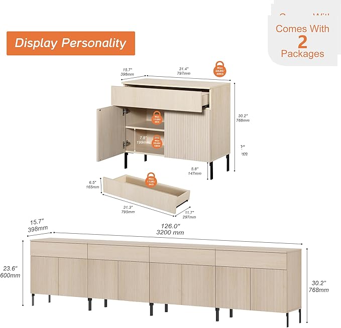 WAMPAT 126" W Large Sideboard Buffet Cabinet with Storage,4 in 1 Fluted Sideboard Buffet with 8 Doors, Wooden Buffet Table, Coffee Bar Wine Bar Cabinet for Kitchen, Dining Room, Living Room, Beige