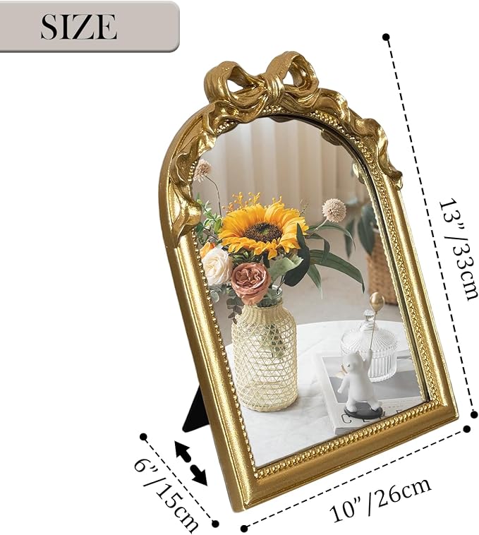 Vintage Vanity Desk Mirror - 13x10 Inch Wall-Mounted & Tabletop Decorative Ornate Gold Accent Retro Makeup Mirror for Bedroom Dresser Bathroom Living Room Dorm(Gold, 13" L x 10" W Bow)