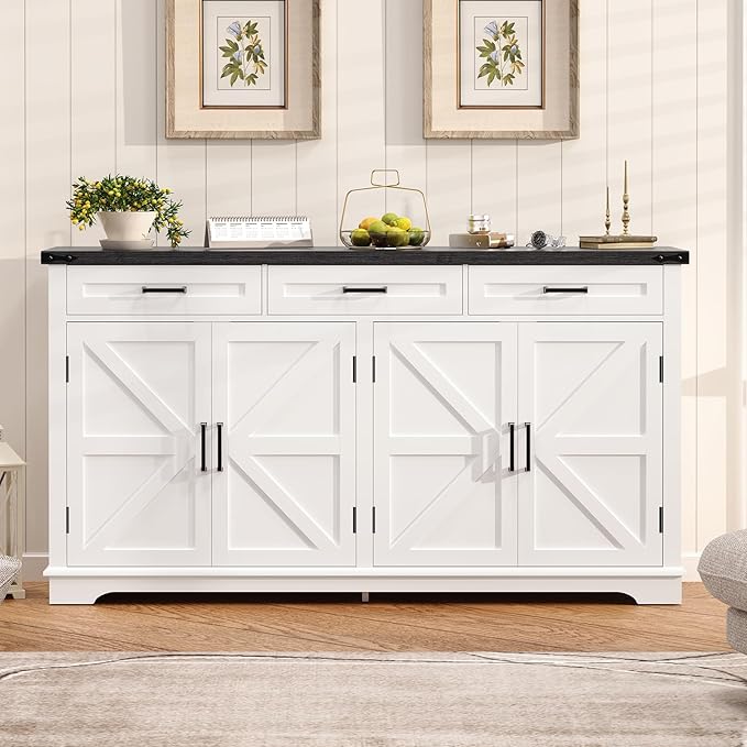 usikey 55”W Buffet Cabinet with 3 Large Drawers & 2 Adjustable Shelves, Modern Farmhouse Sideboard Buffet Cabinet with Storage, Credenza, Coffee Bar, White