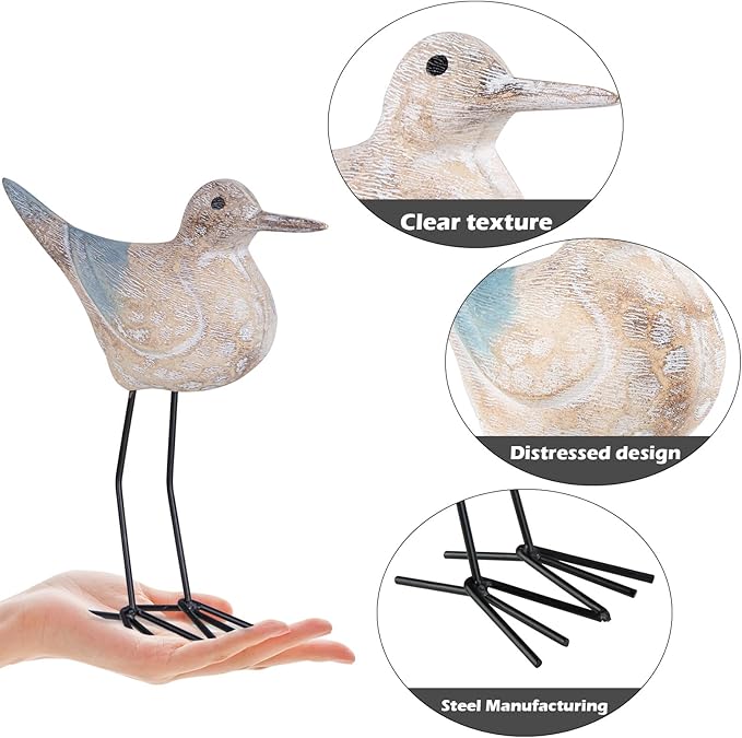 Seagull Statues Coastal Beach Nautical Decor, Wood Sea Bird Sculpture Ornament for Home Room Table Decor (2pcs)