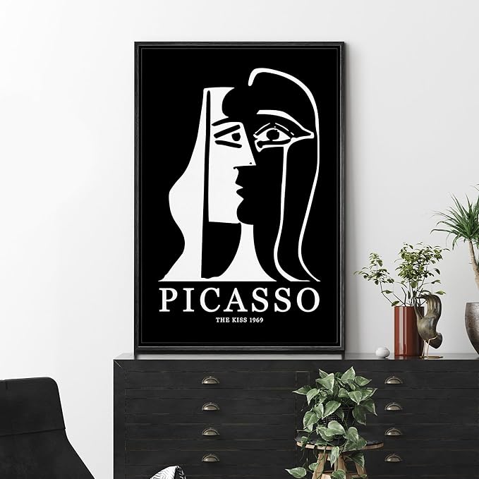 MUDECOR Framed Canvas Print Wall Art Picasso Black & White Geometric Kiss Portrait Shapes Abstract Illustrations Modern Art Minimal Dramatic Dark for Living Room, Bedroom, Office - 16"x24" Black