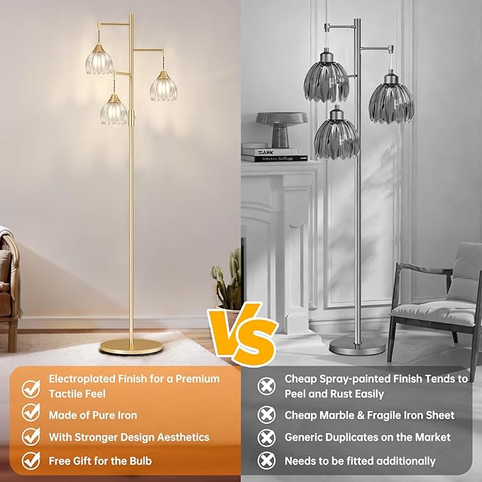 Shenmoyl Stepless Dimming Floor Lamps for Living Room, Bedroom, Gold Standing Lamp with 3pcs 6W Bulbs, Vintage Brass Floor Lamp for Corner, Nursery (Clear Tulip)