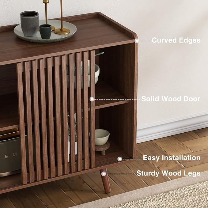 FiveWillowise 47.2" Buffet Cabinet with Storage, Mid-Century Sideboard Coffee Bar Cabinet with Sliding Door for Living Room, Dining Room, Kitchen, Hallway, Walnut