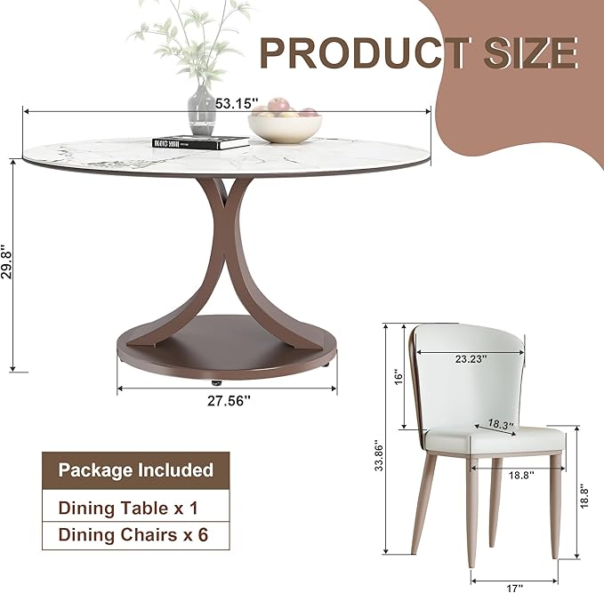 Montary 7 Piece Modern Dining Table Set of 6, Round 53" D Faux Marble Kitchen Table with Sintered Stone Top and Stainless Steel Double C Base, Dining Room Table with 6 Dining Chairs