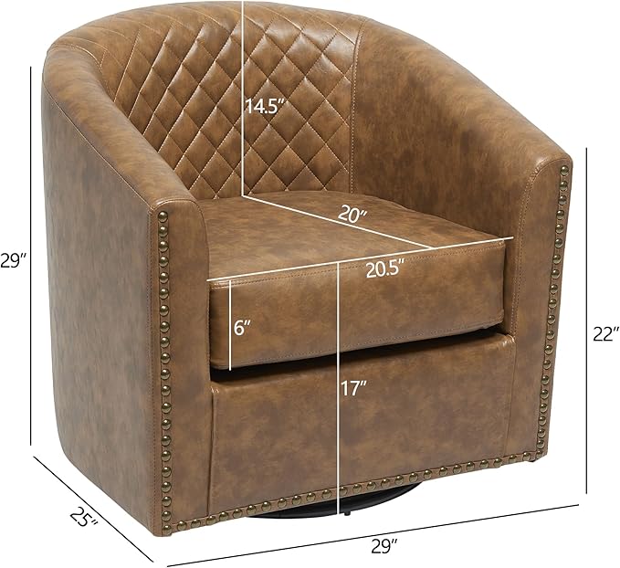 KINWELL 29" Wide Tufted Faux Leather Swivel Barrel Chair, PU Leather Modern Upholstered Accent Chairs with Nailhead Trim, Small Armchair for Living Room Bedroom, Coffee