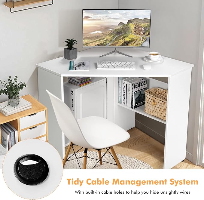 LDAILY Corner Desk, Space Saving 90 Degree Triangle Computer Desk with Storage Shelves & Cable Holes, Wood Compact Corner Writing Table for Small Spaces, Home Office, Bedroom & Living Room, White