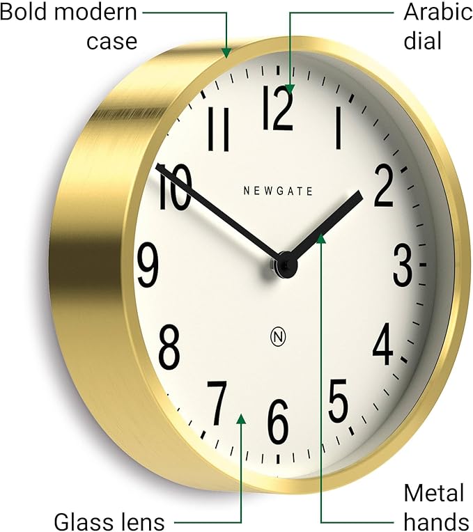 NEWGATE® Master Edwards wall Clock | Mid-Century Style Clock | 12 inch | Deep Metal case with Brass/Gold Finish | Modern Retro Design for Kitchen, Living Room or Office