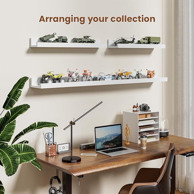 Heimlove 48 Inch Picture Ledge Shelf with Lip,White Floating Shelves for Wall Set of 3,Long Wall Shelves in Varying Depths for Living Room,Bedroom,Nursery,Bookshelf