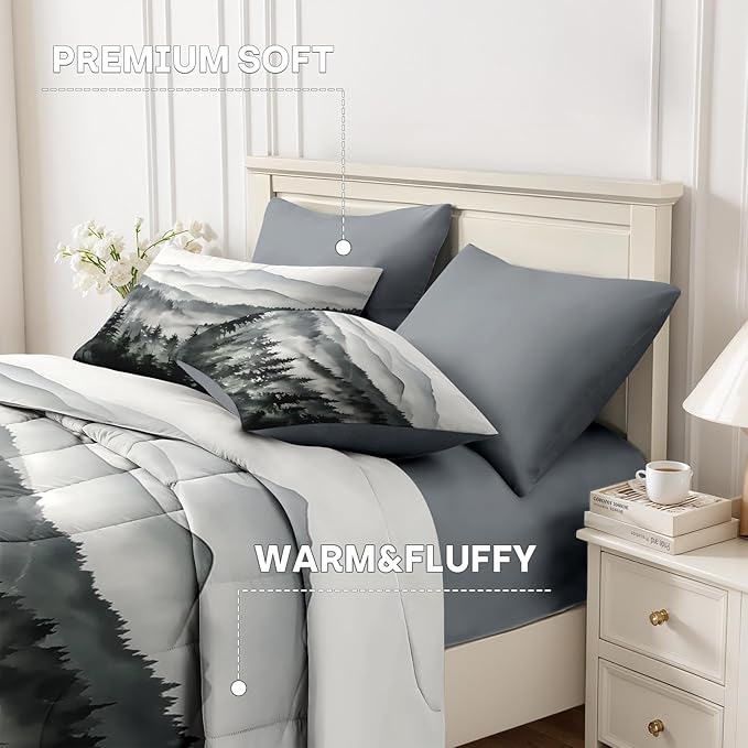 Nesker Comforter Set Full Size, Ink Forest 7 Pcs Bedding for Kids and Adults, Misty Mountains Bed Sheet Sets with Fitted Sheet 2 Pillowcases & 2 Shams