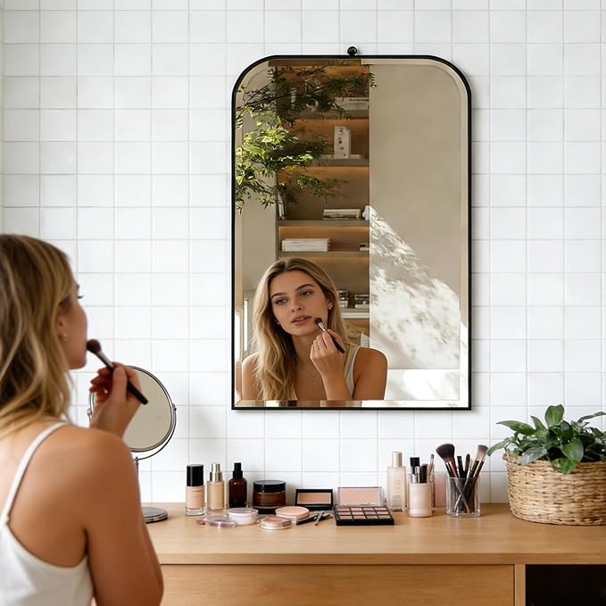 POZINO Beveled Mirror Over Sink, 22"x35" Black Arched Bathroom Mirror, Modern Rounded Rectangle Mirrors with Stainless Steel Frame, Vanity Wall Mirrors for Bedroom Living Room Entryway Fireplace